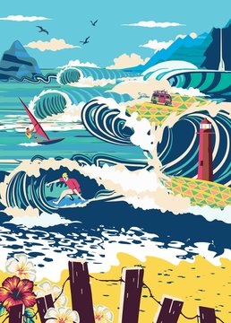 Tiny adults adults go surfing, windsurfing and kitesurfing. Summer beach activities, marine activities, concept of marine animation services. poster, flyer, poster. © SamsonFM