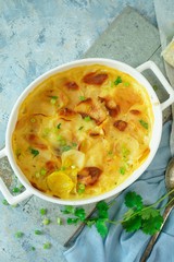 Homemade scalloped potatoes/ Potato gratin close up, selective focus