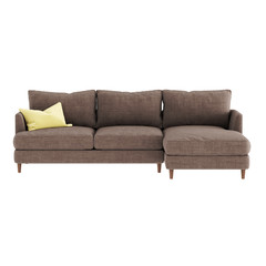 Soft brown fabric sofa on wooden legs with a yellow pillow pert on a white background. Front view. 3d rendering
