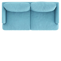 Soft blue fabric sofa on wooden legs on a white background. Copyspace. Top view. 3d rendering