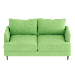 Soft green fabric sofa on wooden legs on a white background. 3d rendering