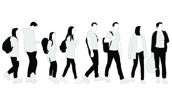 Vector silhouettes of  men and a women, a group of standing and walking  business people with backpack,  linear sketch, black color isolated on white background