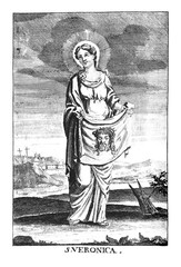 Antique vintage religious allegorical engraving or drawing of Christian holy woman saint Veronica or Berenika with image of Jesus on cloth.Illustration from Book Die Betrubte Und noch Ihrem Beliebten