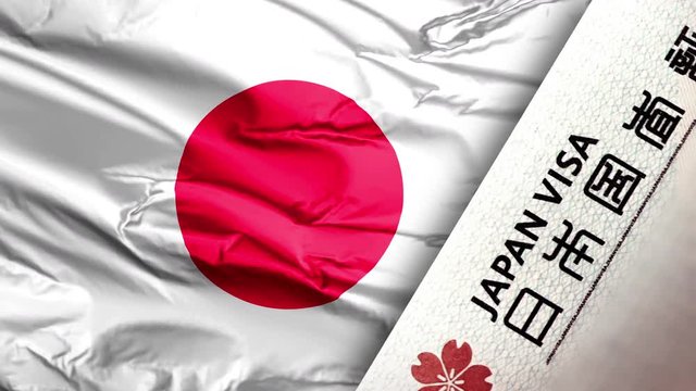 A waving flag with a Japan flag and Visa permit to travel/work in japan.