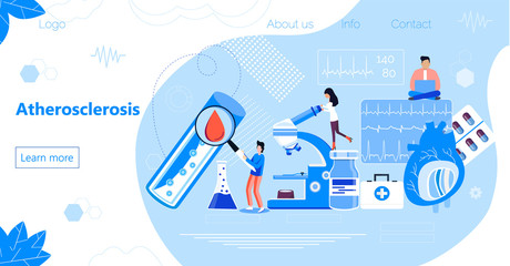 Fototapeta na wymiar Atherosclerosis is treated by tiny doctors. High cholesterol blood pressure concept vector illustration . It is healthcare landing page, website, app