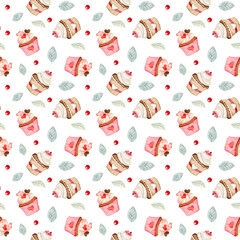 Seamless Valentine's day watercolor pattern with sweets