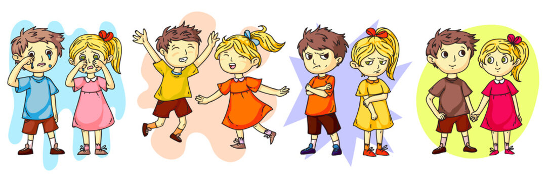 Kids behavior and emotions scene cartoon flat set