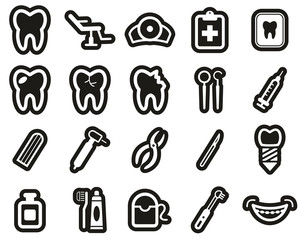 Fototapeta na wymiar Dentist Office & Equipment Icons White On Black Sticker Set Big