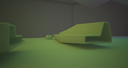 Abstract architectural white interior of a minimalist house with colored neon lighting. 3D illustration and rendering.