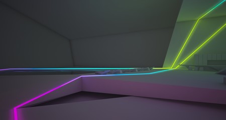 Abstract architectural white interior of a minimalist house with colored neon lighting. 3D illustration and rendering.