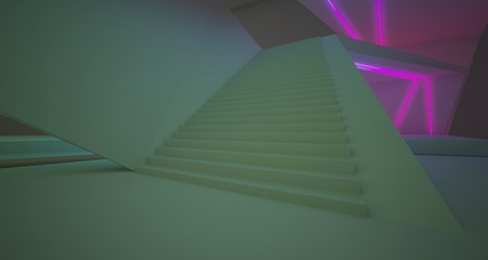 Fototapeta premium Abstract architectural white interior of a minimalist house with colored neon lighting. 3D illustration and rendering.