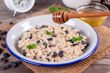 Bowl of oatmeal with raisins