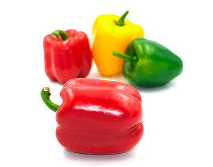 group of beauty shape capcicum decoration food. selective focus big fresh red. Yellow green sweet peeper or bell pepper vegetable. Isolated on white background