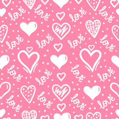 Fototapeta na wymiar Simple hearts seamless vector pattern. Valentines day background. Flat design endless chaotic texture made of tiny heart silhouettes.