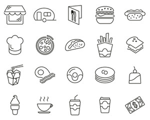 Fast Food Restaurant Or Fast Food Stand Icons Black & White Thin Line Set Big