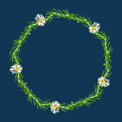 Beautiful wreath of five field daisies with leaves on a classic blue background. Pharmacy medicinal chamomile. Realistic style. Spring pattern. Rustic decor.