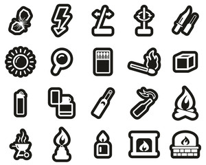Fire & Fire Making Tools Icons White On Black Sticker Set Big