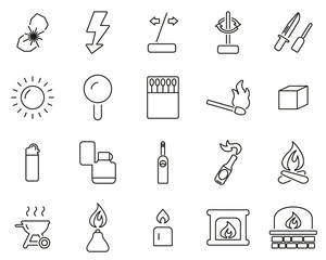 Fire & Fire Making Tools Icons Black & White Thin Line Set Big