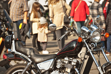 Many motorcycles on the biker show. Motorcycle elements closeup. City Bikers Festival.