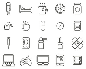 Flue Or Cold Icons Black & White Thin Line Set Big