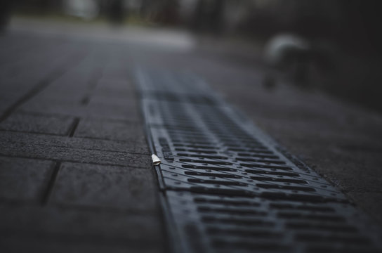 sewer grate on the asphalt. in gray tones