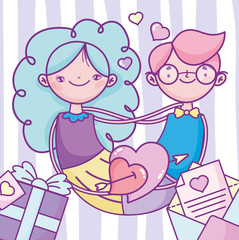 happy valentines day, united couple hearts with arrow gift envelope letter