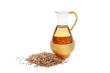 Flax seeds with oil over white background.