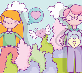 happy valentines day, couple with padlock hearts talking love outdoor