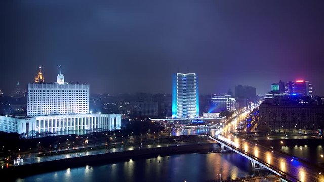 Gimbal timelapse night shot of House of the Government of the Russian Federation in Moscow in autumn day. Night timelapse of night top shot of House of the Government