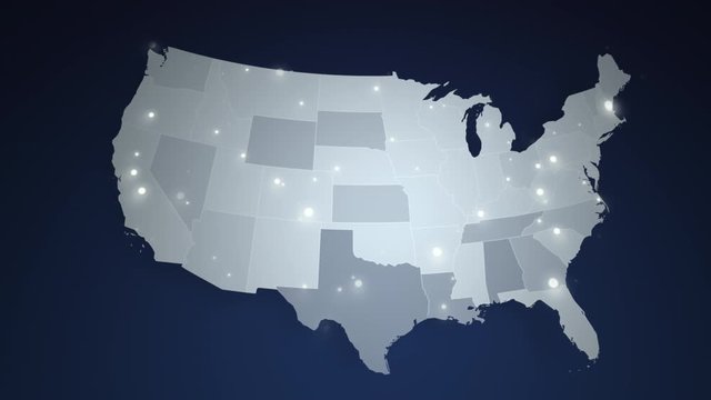Cinematic United States Map with flickering lights. View of light grey scientific map rotates on dark navy blue background. Animated hud map with city light at night