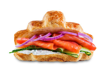 Smoked salmon ricotta cheese cucumber croissant on a white isolated background