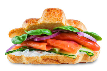 Smoked salmon ricotta cheese cucumber croissant on a white isolated background