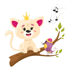 Fototapeta premium Cute kitty with a bird is singing on a tree. Vector illustration in cartoon flat style. White background.