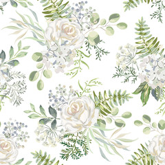 White rose, hydrangea flowers with green leaves bouquets background. Floral illustration. Vector seamless pattern. Botanical design. Nature summer plants. Romantic wedding