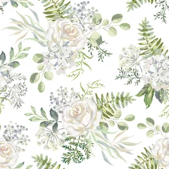 Wallpaper murals Roses White rose, hydrangea flowers with green leaves bouquets background. Floral illustration. Vector seamless pattern. Botanical design. Nature summer plants. Romantic wedding