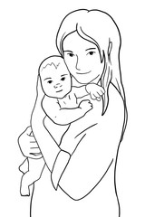 Hand drawn adorable baby and mother line silhouette. Cute simple vector illustration. Mom holds her infant. Perfect for cards, posters, design, booklet, website, article, mothers day