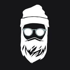 Graphic illustration of a man in a cap in glasses and with a beard. Linear style logo. A hunter in a calf winter hat. Hairstyle stylist. Barbershop logo. Instagram content.Hipster