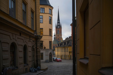 Old town houses in the district Södermalm in Stockholm a grey winter day