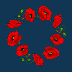 Beautiful wreath of red poppies with buds on a classic blue background. Realistic style. Spring pattern. Rustic decor. Template for a card with flowers.