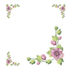 Flower in square frame. Wedding invitation card template design, pink and purple flowers and leaves with purple frame on pink background, vintage style. Editable vector.