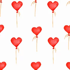 Papier Peint photo Animaux avec ballon Motifs de la Saint-Valentin à l& 39 aquarelle, papier coeurs sans soudure, papier de scrapbooking, coeur de la Saint-Valentin, motifs d& 39 amour. Fond de ballons coeur rouge dessinés à la main.