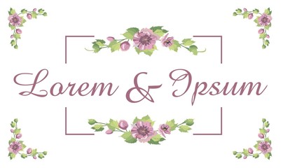 Wedding invitation card template design, pink and purple flowers and leaves with purple frame on white background, vintage style. Editable vector.