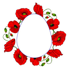 Beautiful wreath of red poppies on a white background. Spring pattern. Easter template for greeting card with egg and flowers.