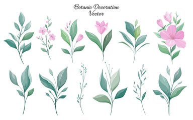 Set of leaves vector. Greenery elements for wedding invitation card template design. Elegant floral illustration of wild-leaves and hibiscus flowers