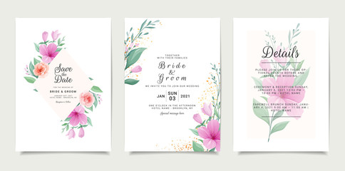 Fototapeta na wymiar Beautiful wedding invitation card template design with elegant hibiscus flowers and leaves. Floral illustration decoration for save the date, event, cover, poster