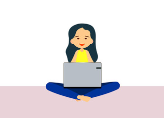 young woman with laptop is sitting on the floor. Vector illustration in trendy flat style on white background.