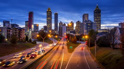 Atlanta, Georgia Downtown City Skyline and Freeway Traffic at Rush Hour, Night, Timelapse