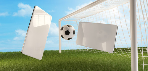 mobile phone soccer football ball and soccer goal 3d-illustration