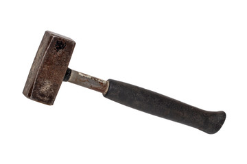 Hammer isolated. Close-up of a old rusty metal sledge hammer isolated on a white background. Carpentry and construction tools of the craftsman. Macro photograph.