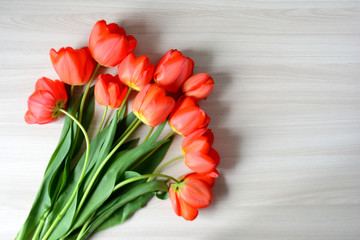 Bouquet of red tulips on a wooden background. Spring flowers. Mother's day, Valentine's day, international women's day, March 8